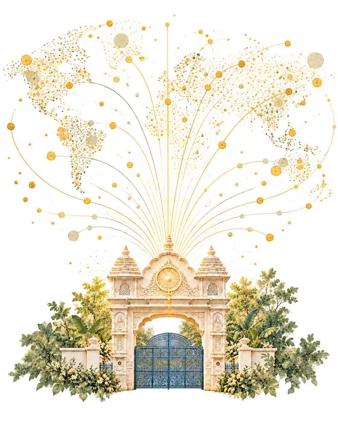 Watercolour illustration of an ornate white temple gateway with blue gates, framed by greenery, with golden lines of light rising from it to points of light across a world map